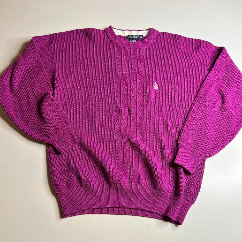 Nautica Vintage Cable‎ Knit Sweater Purple Logo Crewneck Men’s Size M